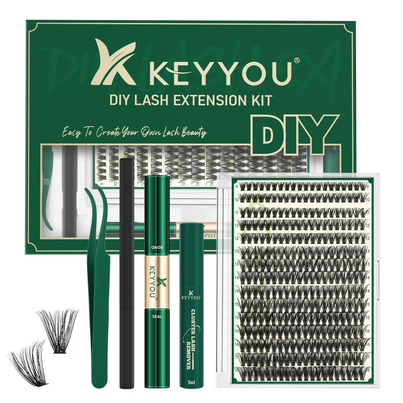 KEYYOU Lash Extension Kit DIY 300Pcs Lash Clusters Eyelash Extension Kit 50D C Curl 918MIX Lash Clusters Kit with Lash Glue Remover Applicator Easy to Use for BeginnersKit50DC918MIX